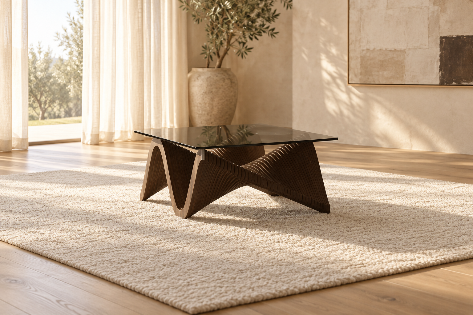 Helix Sculptural Wave Wood & Smoked Glass Coffee Table