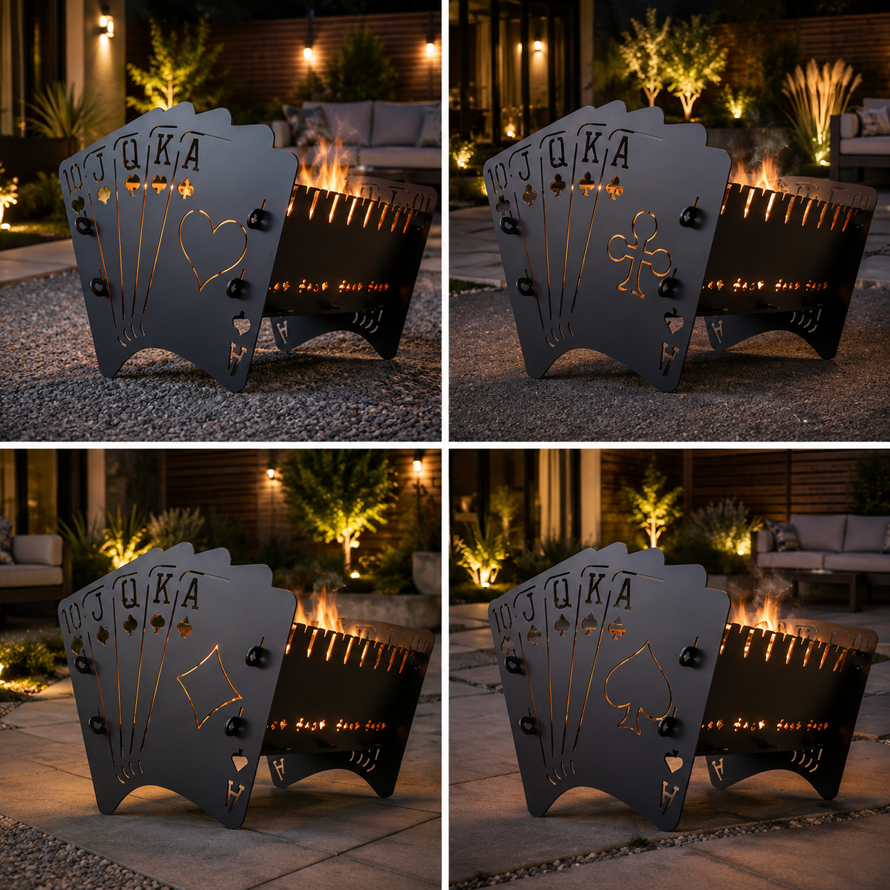 Royal Flush Playing Card Fire Pit | Poker Themed Steel Fire Pit | Outdoor Wood Burning Fire Bowl