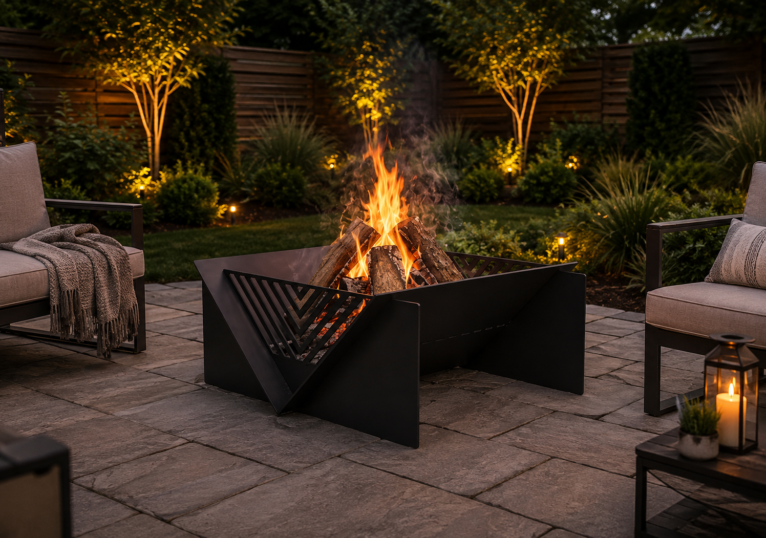 Modern Geometric Steel Fire Pit | Wood Burning Outdoor Fire Bowl | Heavy Duty Patio & Garden Fire Pit