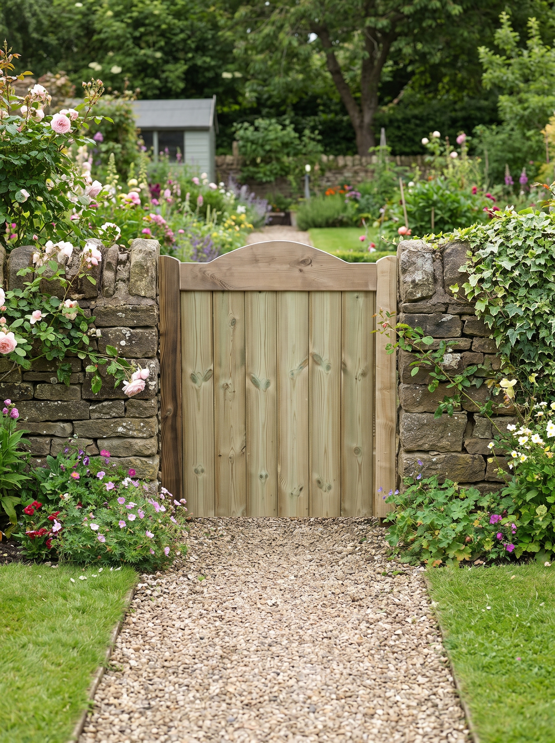 A light natural wood garden gate centered on a gravel path, flanked by stone walls covered in pink and white roses, with a lush green garden and trees in the background.
