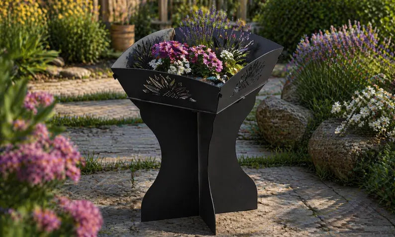 Decorative Metal Garden Planter | Raised Outdoor Flower Stand with Laser Cut Detail