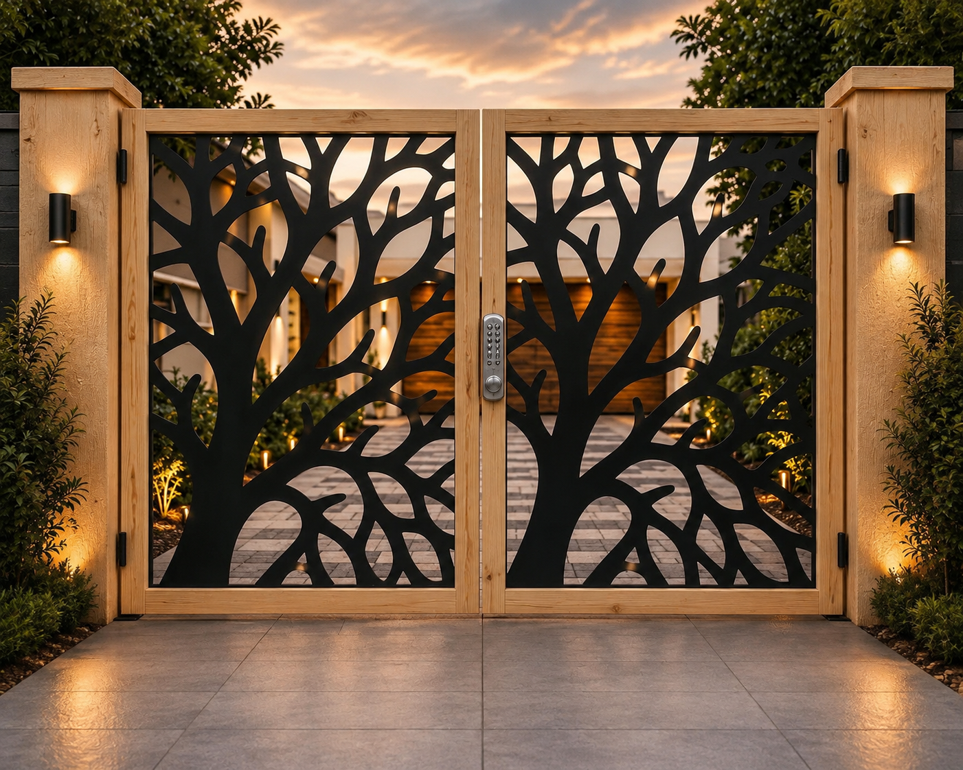 Tree of Life Double Driveway Gates – Softwood & Decorative Steel