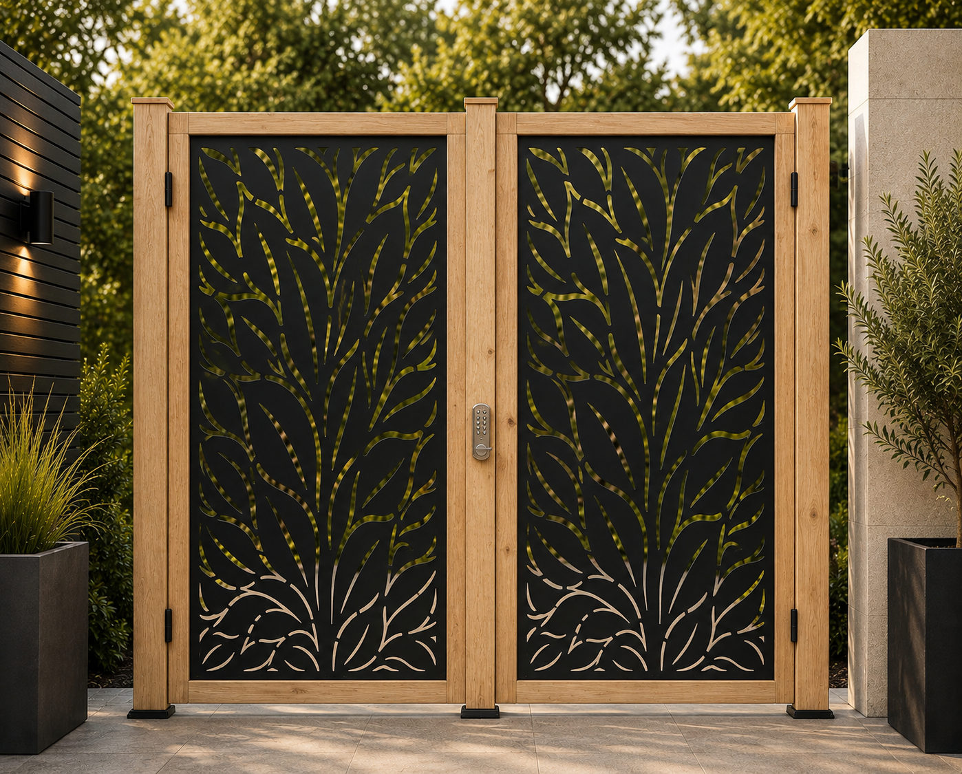 Botanical Double Driveway Gates – Softwood & CNC-Cut Steel