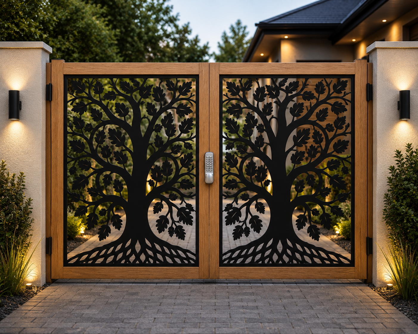 Oak Tree Double Driveway Gates – Softwood & Decorative Steel