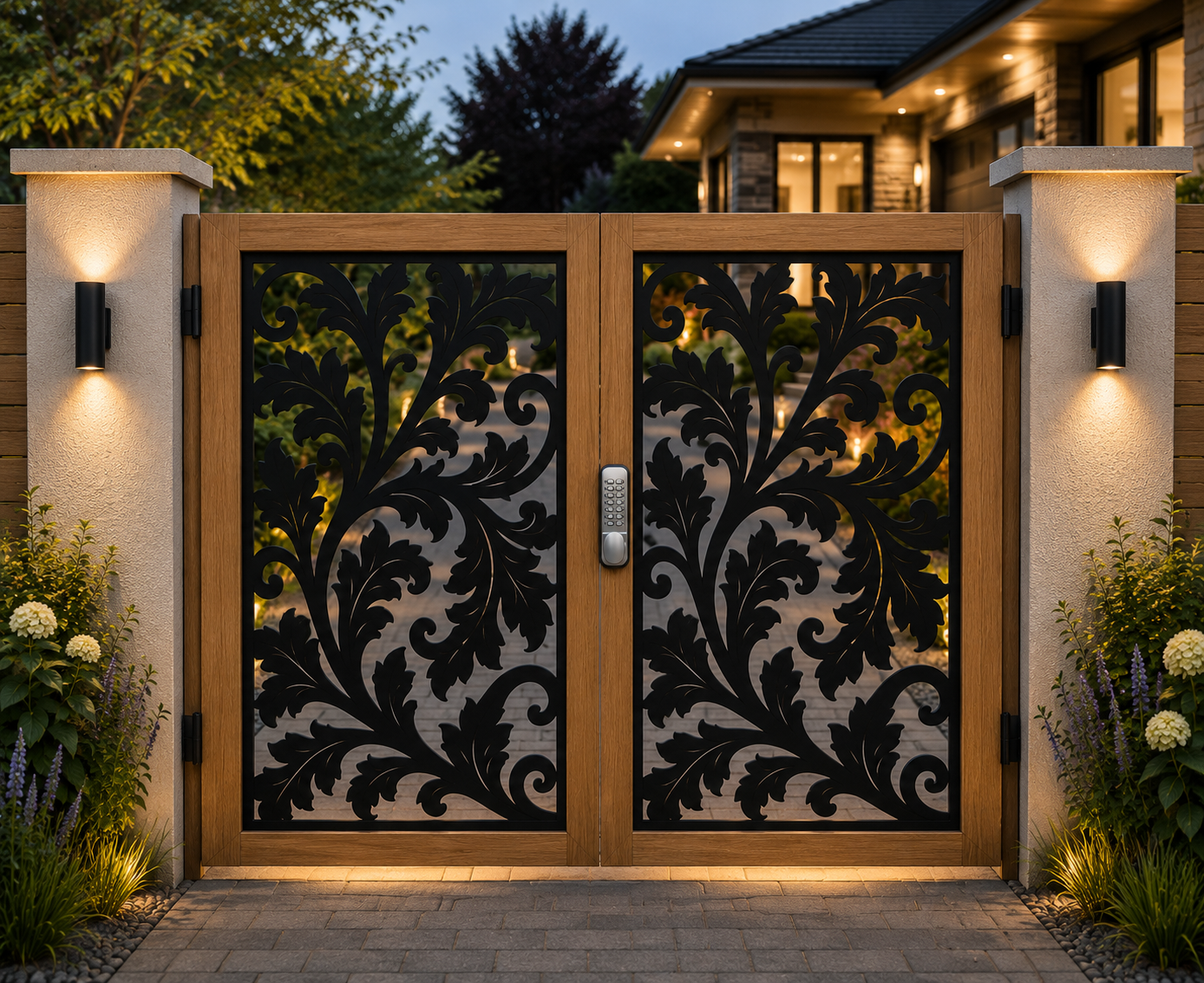 Ornamental Leaf Double Driveway Gates – Softwood & Decorative Steel