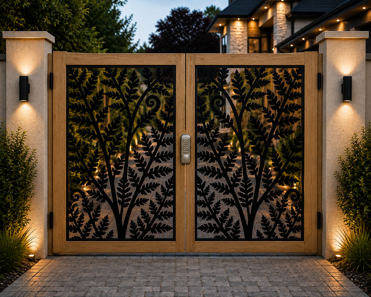 Ornamental Leaf Double Driveway Gates – Softwood & Decorative Steel