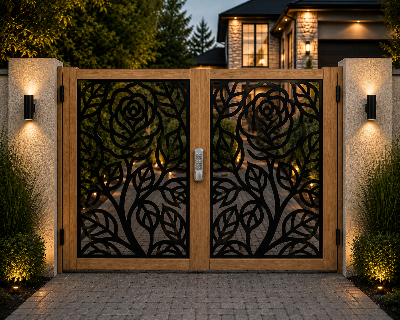 Ornamental Rose Double Driveway Gates – Softwood & Decorative Steel