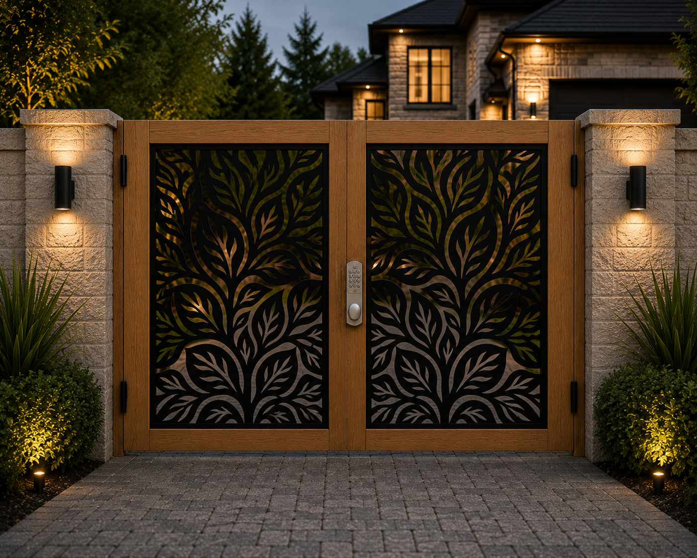 Ornamental Leaf Double Driveway Gates – Softwood & Decorative Steel