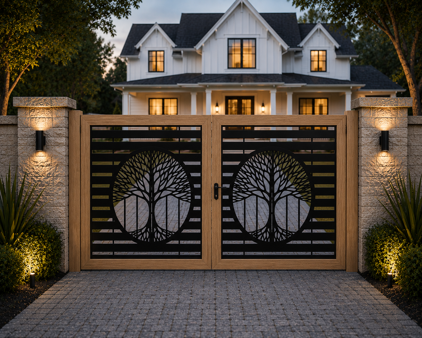 Tree of Life Driveway Gates – Timber Framed Metal Double Gates – Decorative Garden & Entrance Gate