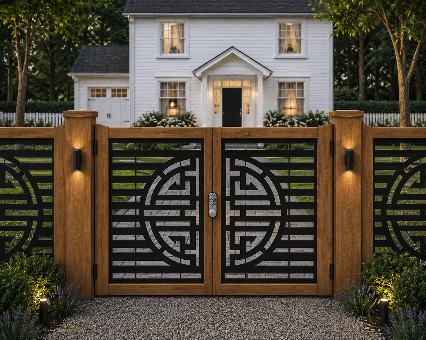 Modern Geometric Driveway Gates – Timber Frame & Decorative Metal Panels – Made to Measure