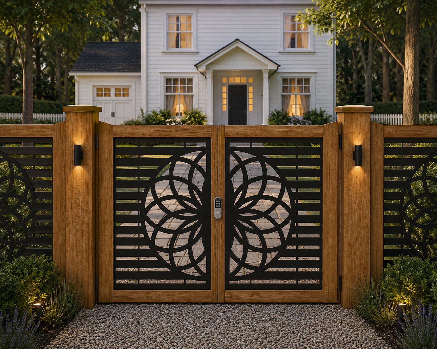 Decorative Double Driveway Gates – Timber Frame with Geometric Metal Panels – Made to Measure