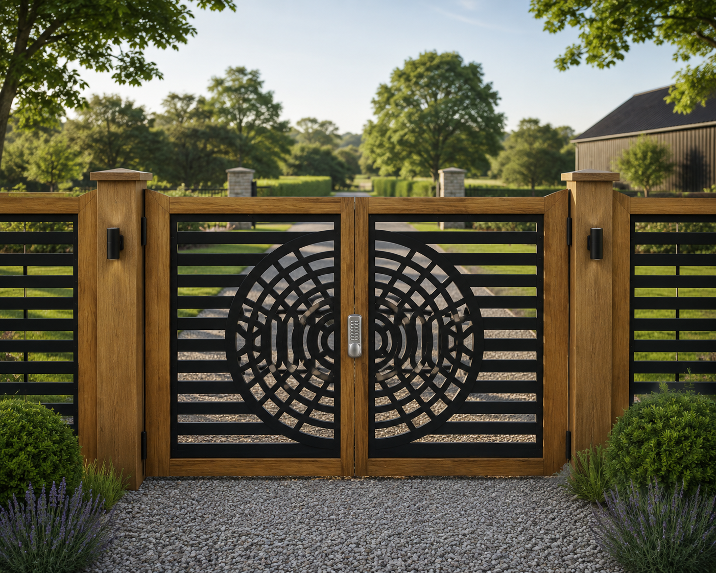 Modern Circular Geometric Driveway Gates – Timber Frame & Black Metal – Made to Measure