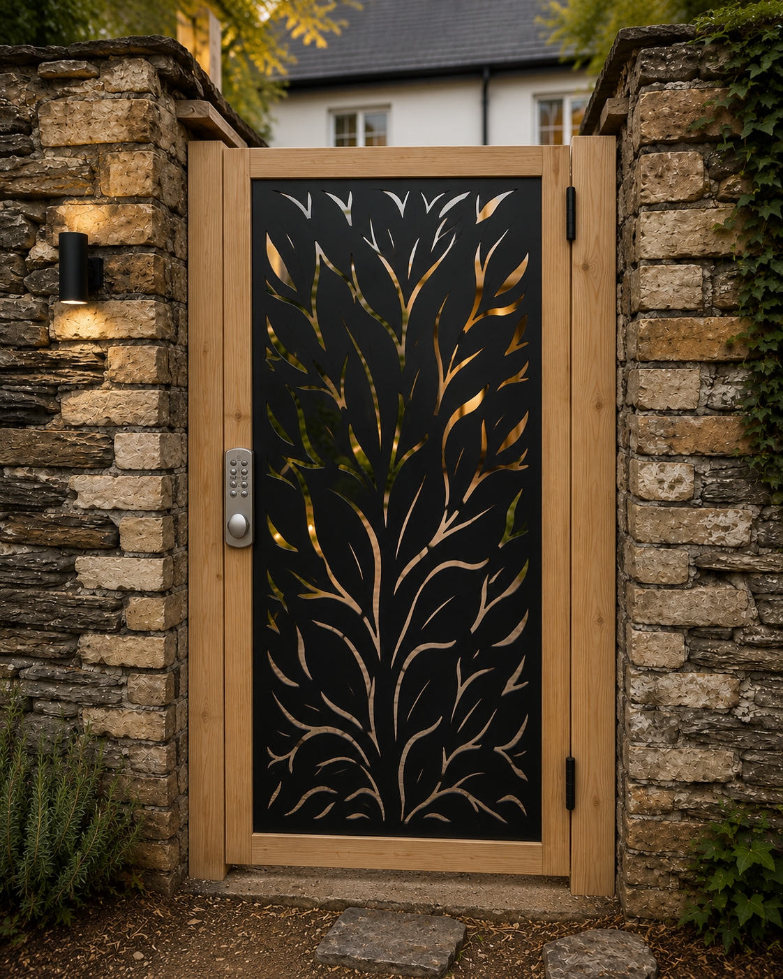 Botanical Softwood & Steel Garden Gate – Decorative CNC Leaf Design