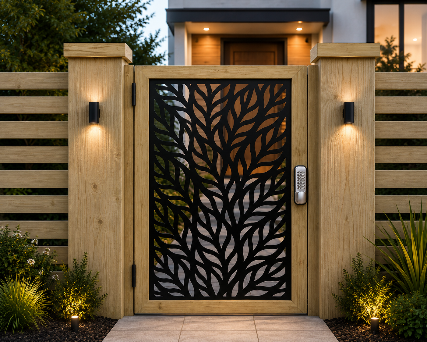 Botanical Softwood & Steel Garden Gate – Decorative Leaf Design