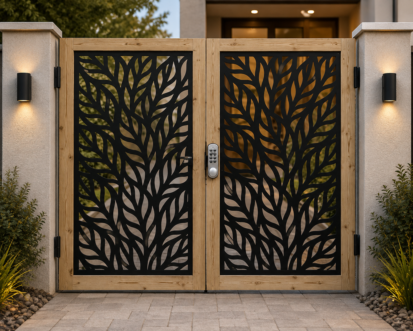 Botanical Double Driveway Gates – Softwood & Decorative Steel