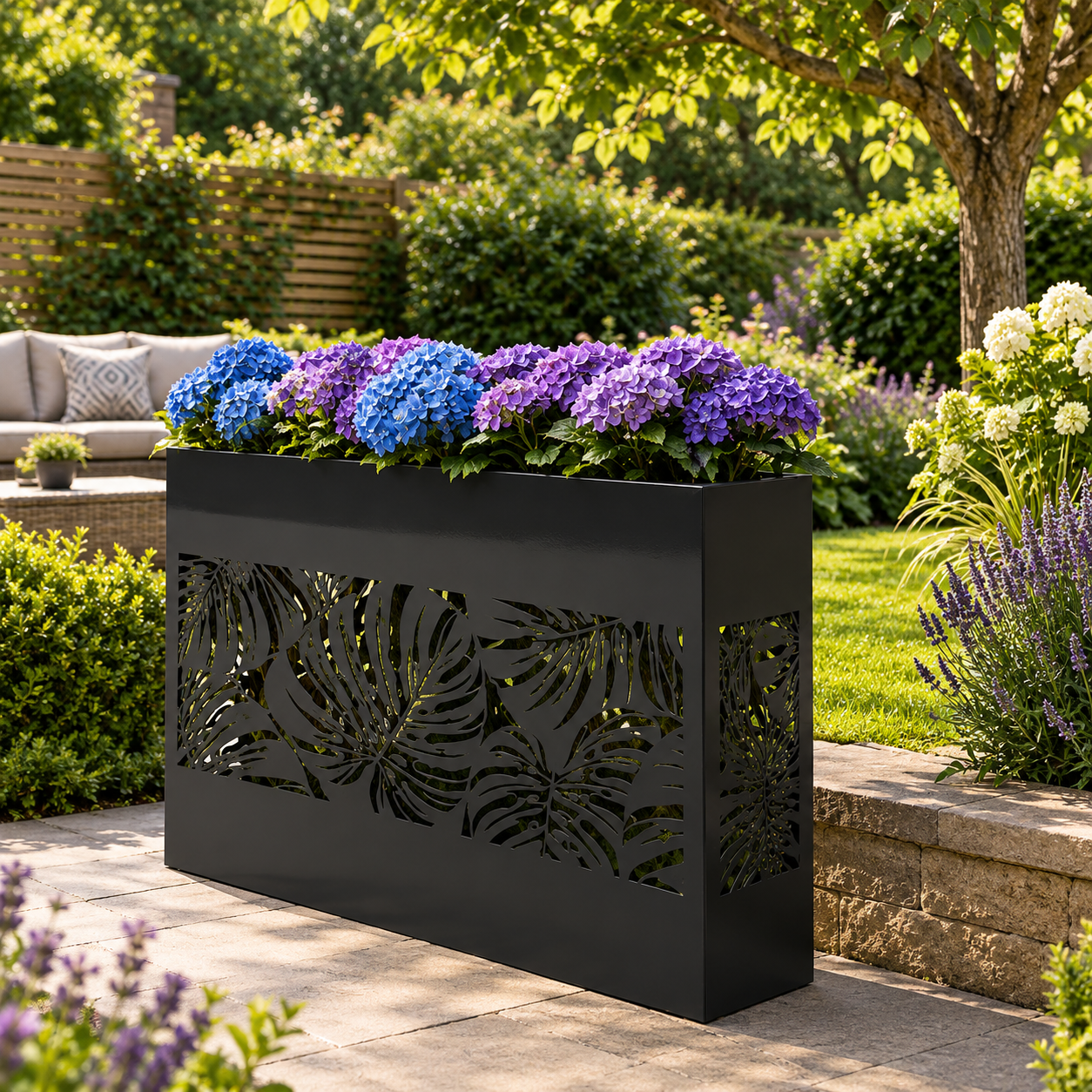 Decorative Black Metal Garden Planter | Tropical Leaf Cut-Out Outdoor Planter | Modern Steel Flower Box