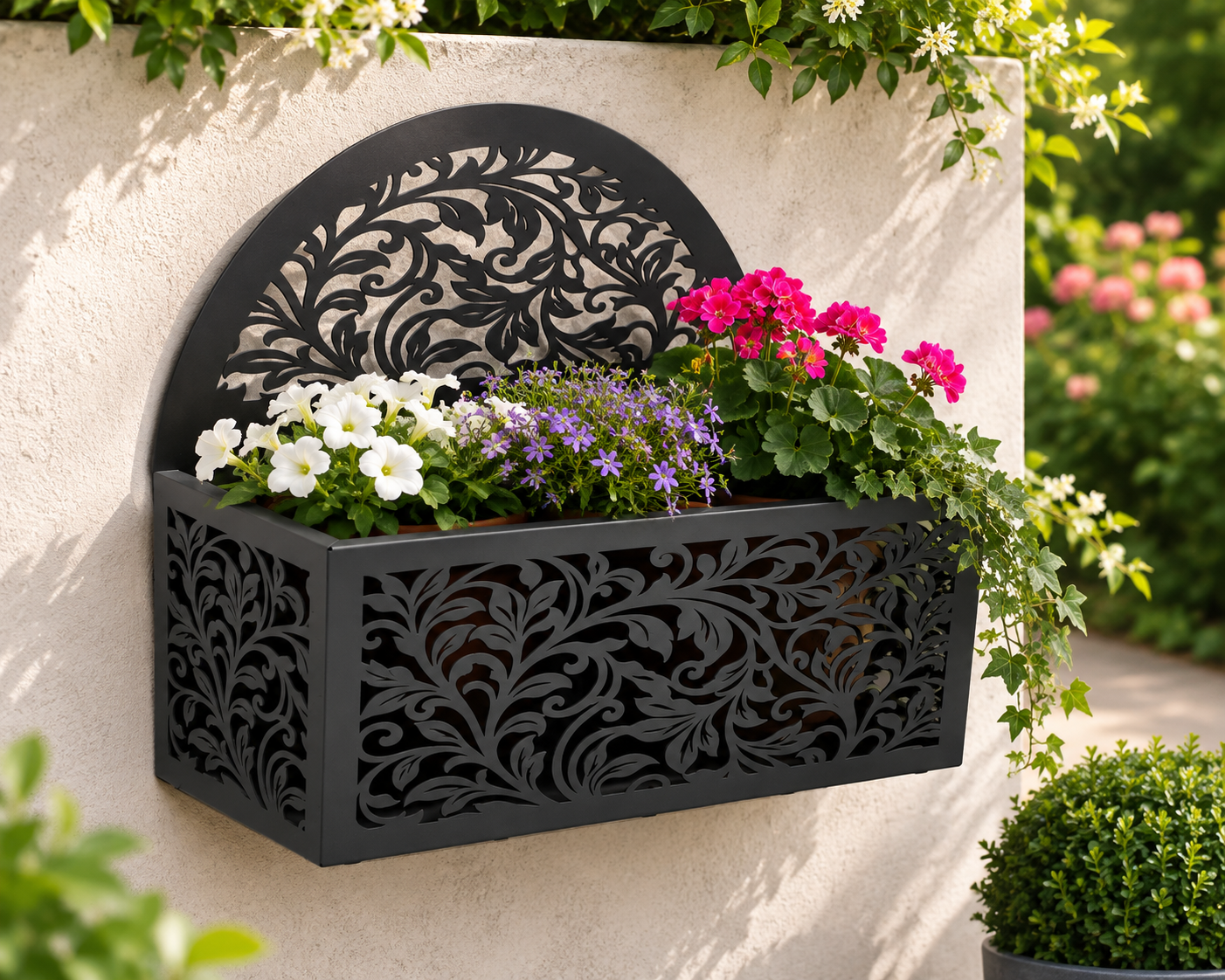 Decorative Metal Garden Planter with Ornate Floral Back Panel | Outdoor Flower Box