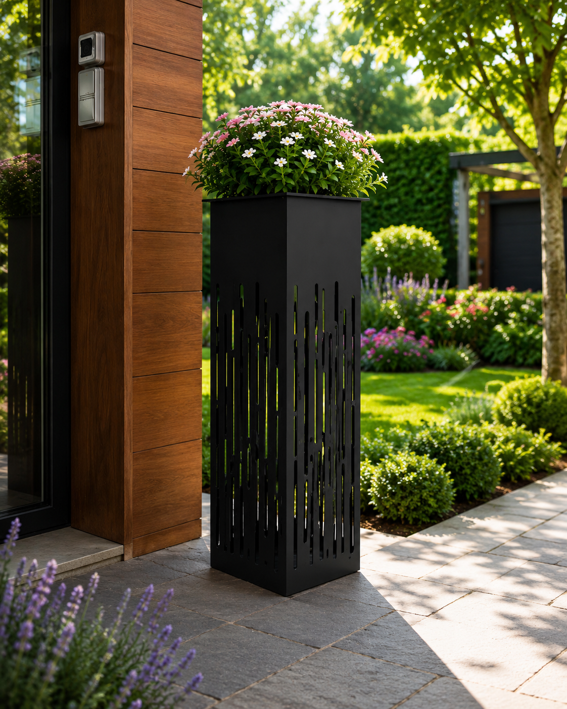 Modern Tall Metal Garden Planter – Vertical Slot Design Outdoor Planter