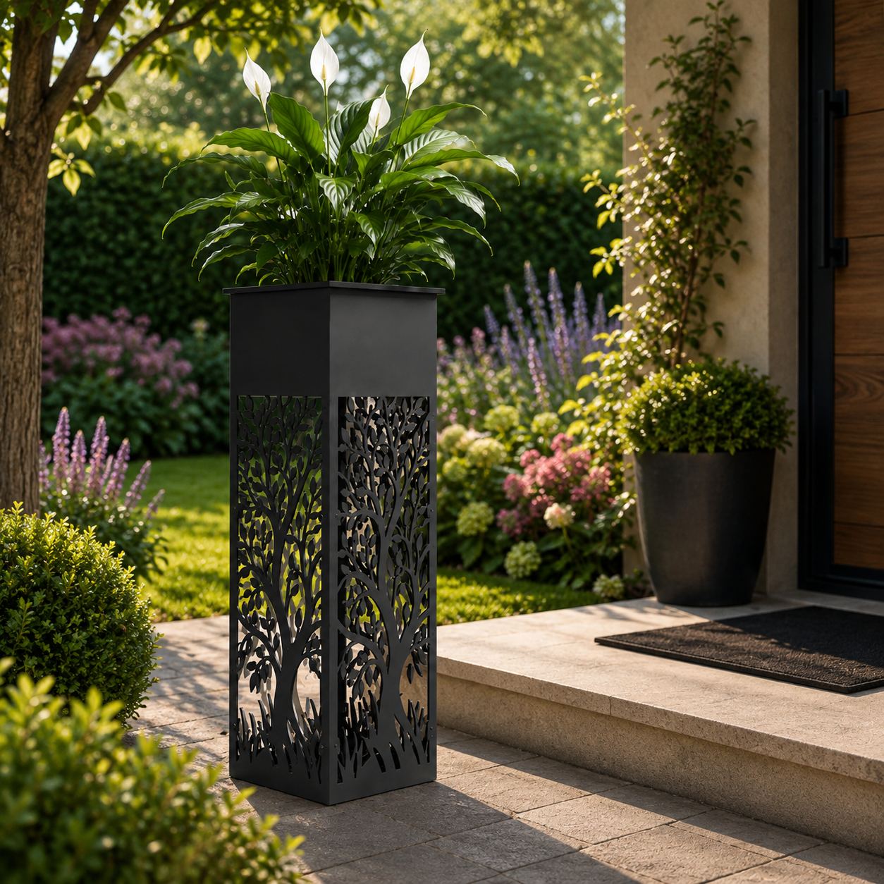 Decorative Tree of Life Tall Metal Garden Planter – Black Outdoor Feature Planter
