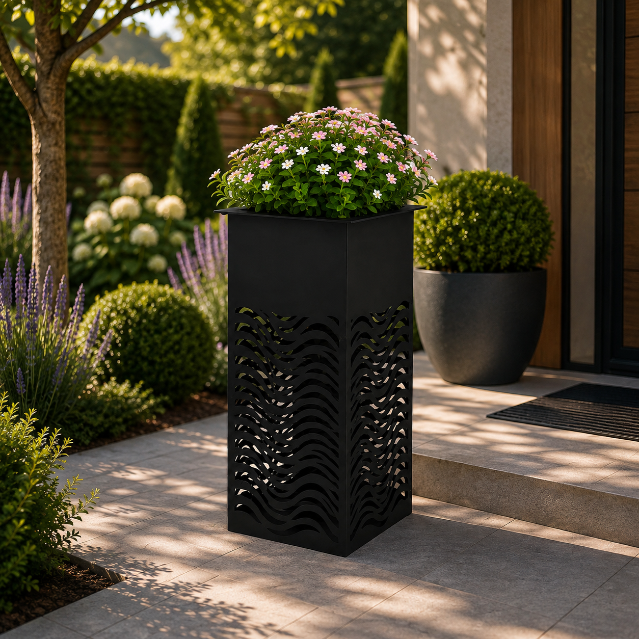 Modern Wave Cut-Out Tall Metal Garden Planter – Black Decorative Outdoor Planter
