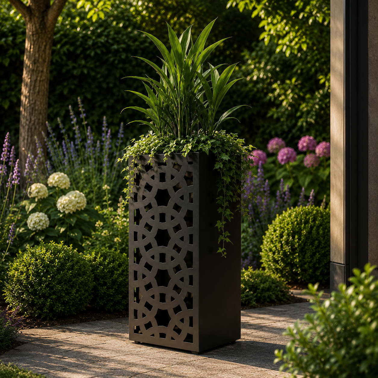 Geometric Tall Metal Garden Planter – Decorative Black Outdoor Planter