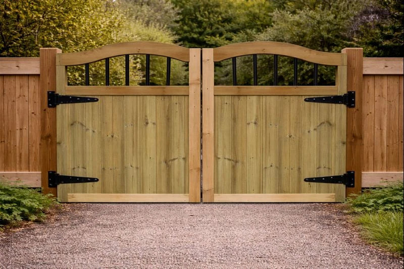 Wooden Swan Necks garden driveway gates, garden gates wooden 3ft, Double Driveway Wooden Garden Gates, Tongue Groove swing double wood timber,