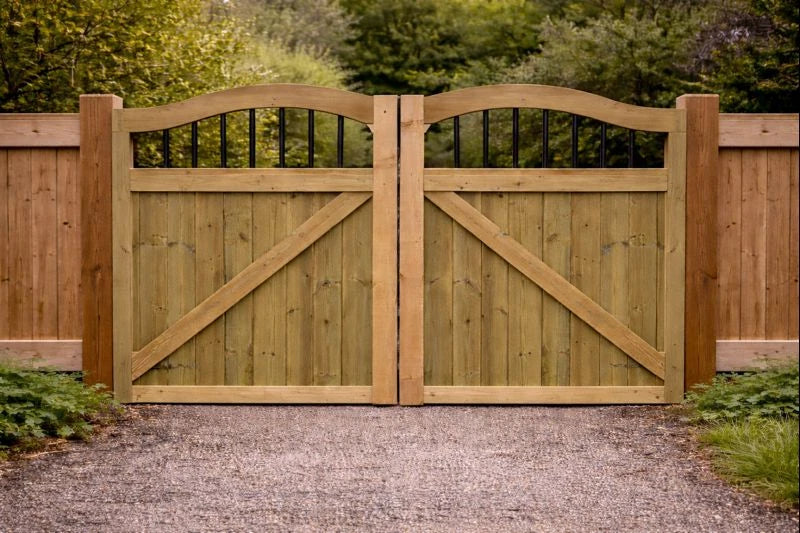 Wooden Swan Necks garden driveway gates, garden gates wooden 3ft, Double Driveway Wooden Garden Gates, Tongue Groove swing double wood timber,