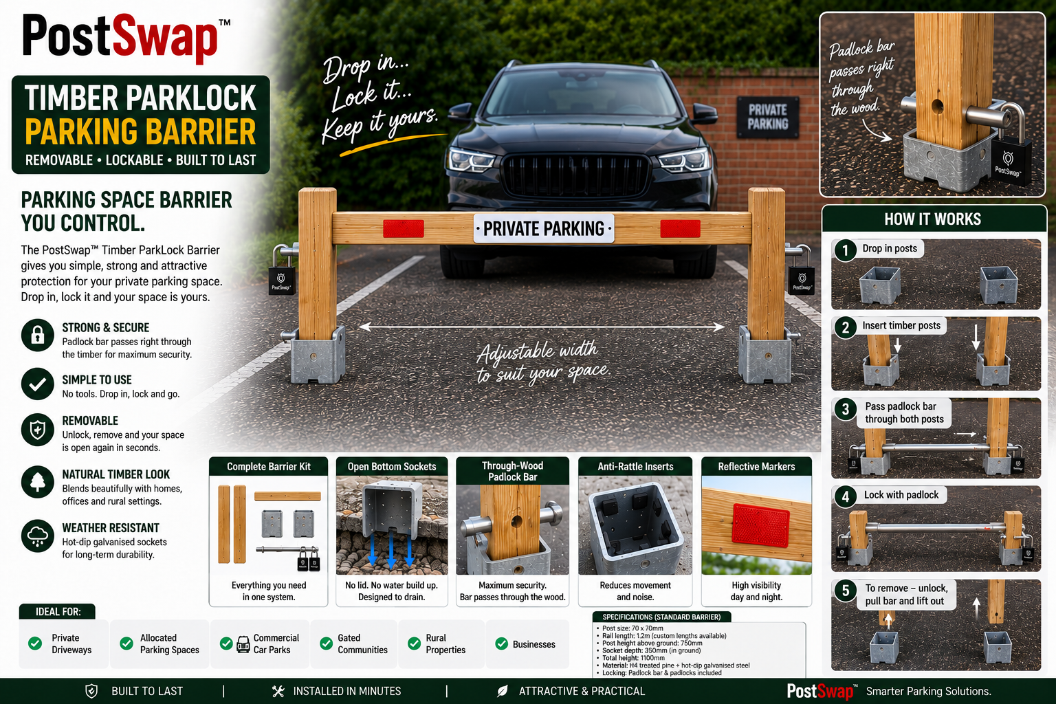 PostSwap™ Timber ParkLock Parking Barrier – Removable Lockable Timber Driveway & Parking Barrier