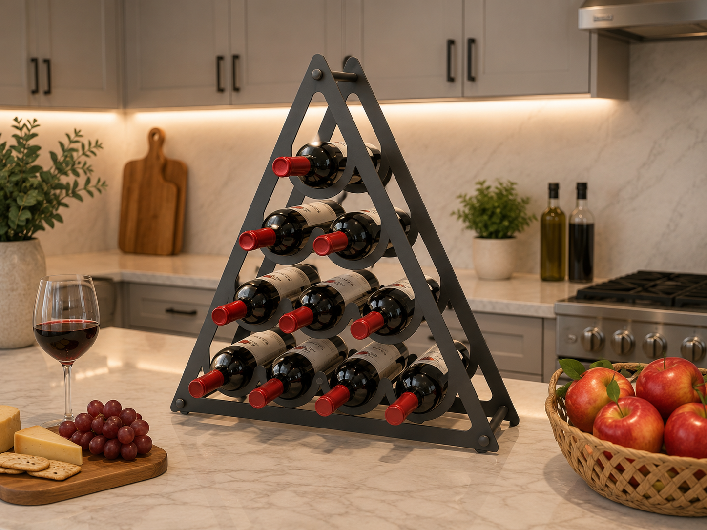 10 Bottle Pyramid Metal Wine Rack – Freestanding Countertop Wine Holder