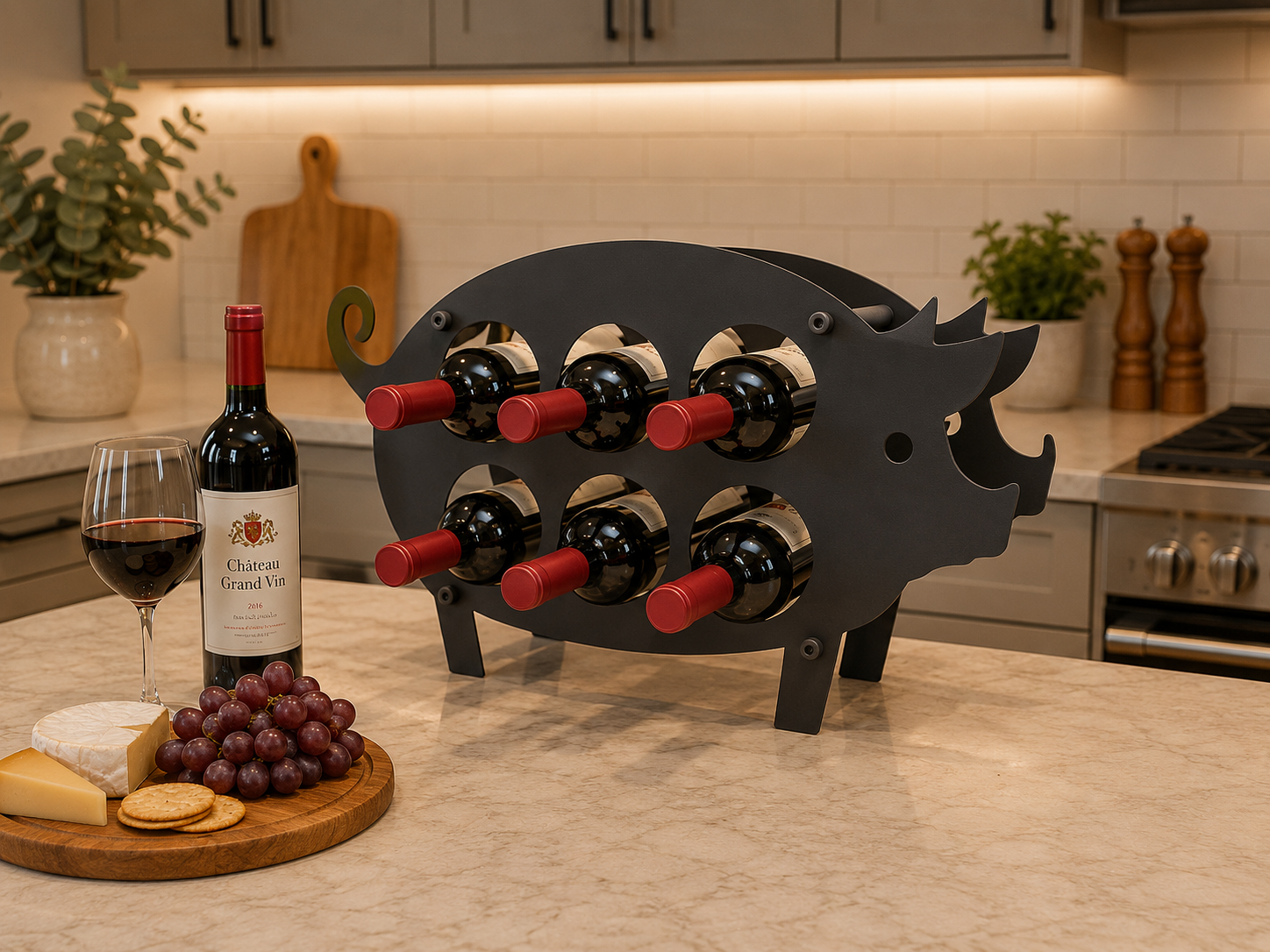 Pig 6 Bottle Metal Wine Rack – Freestanding Countertop Wine Holder