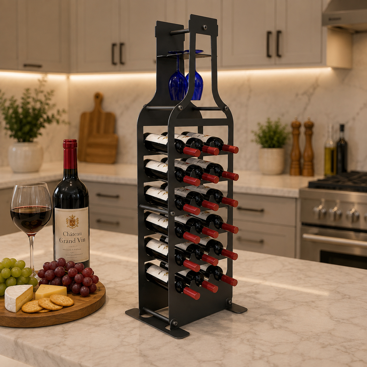 12 Bottle Metal Wine Rack with Glass Holder – Freestanding Kitchen Wine Storage