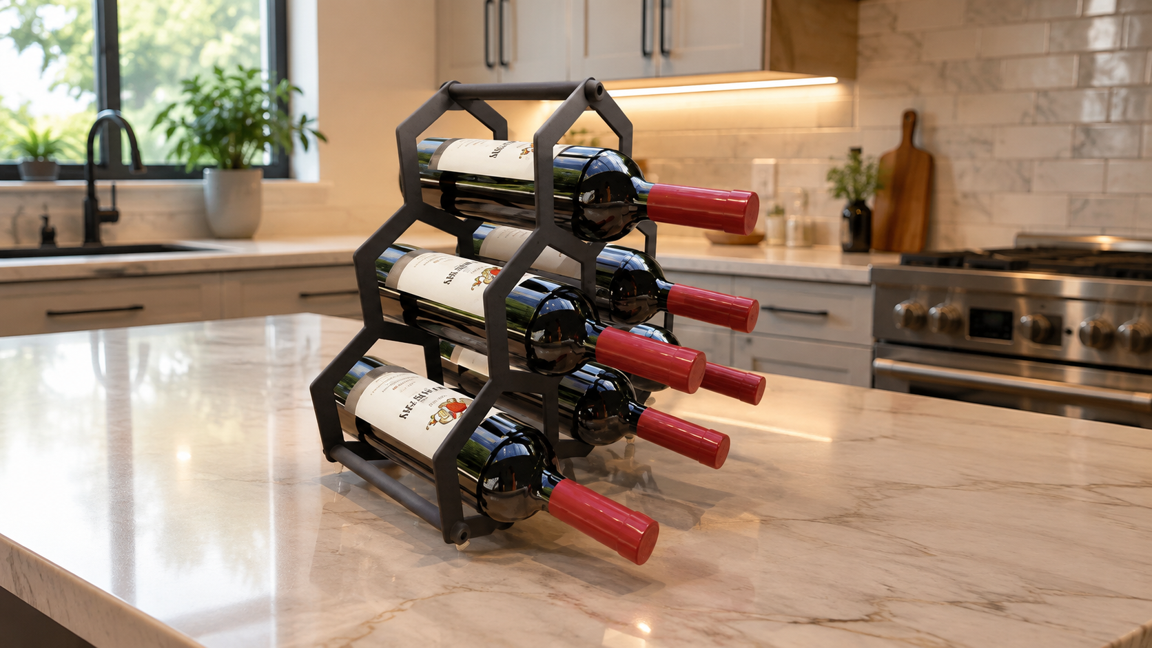 6 Bottle Geometric Wine Rack – Modern Metal Wine Bottle Holder