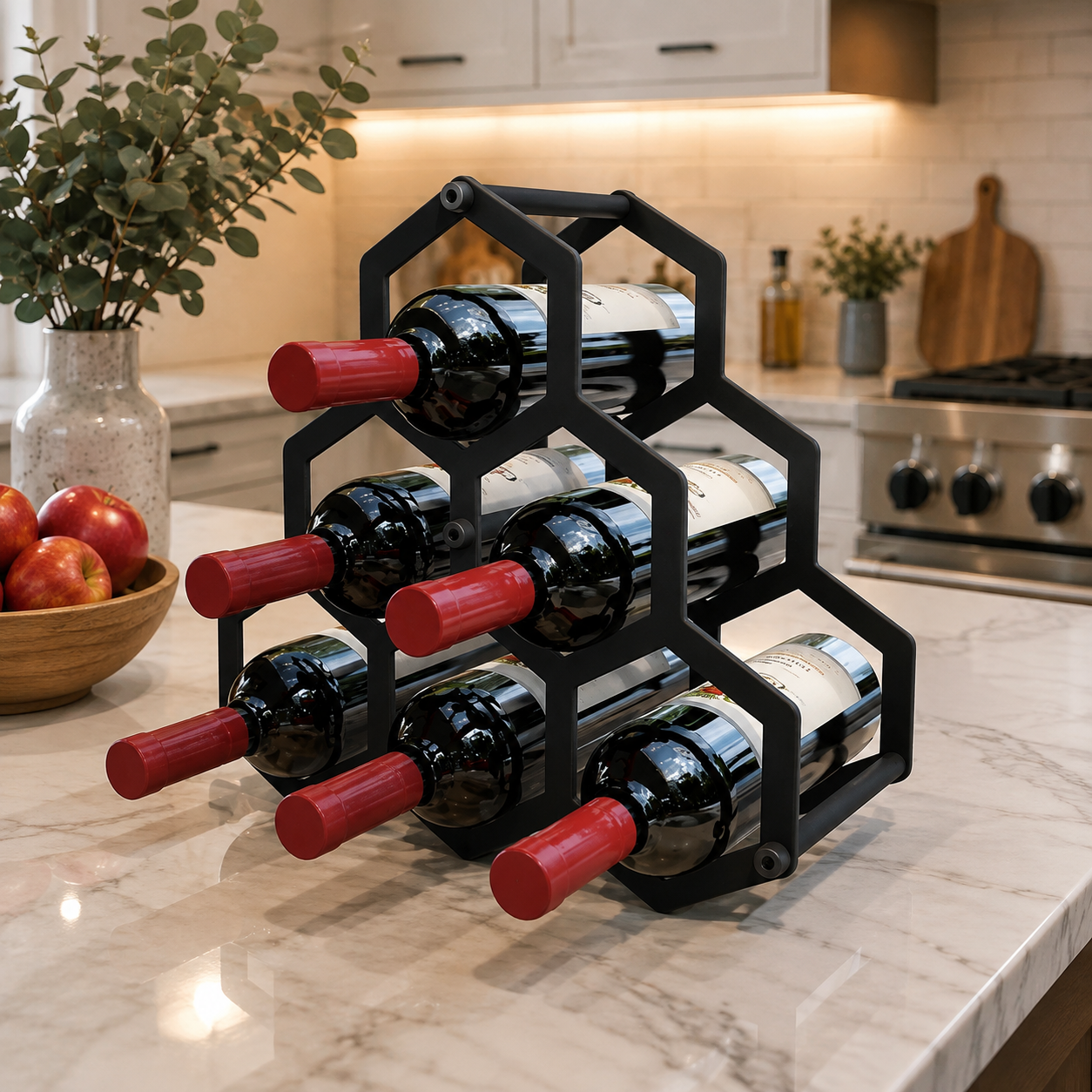 6 Bottle Geometric Wine Rack – Modern Metal Wine Bottle Holder
