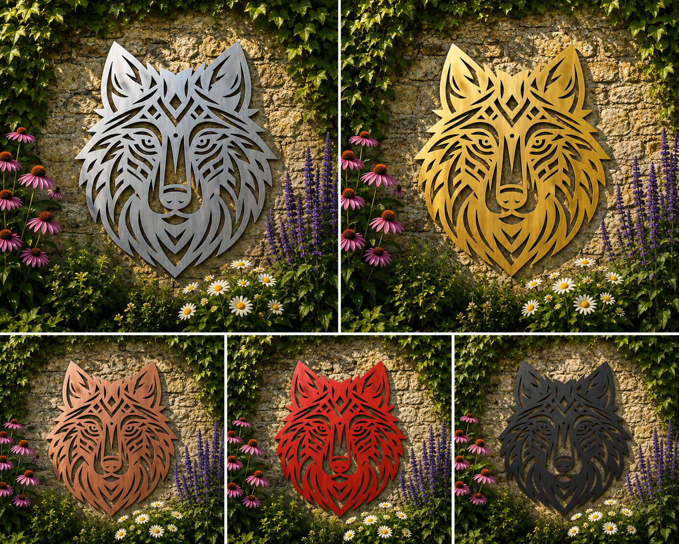 Intricate Wolf Metal Wall Art – Geometric Wildlife Garden Décor